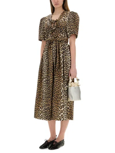 Ganni Leopard Printed Cotton Tie Strap Midi Dress In Brown