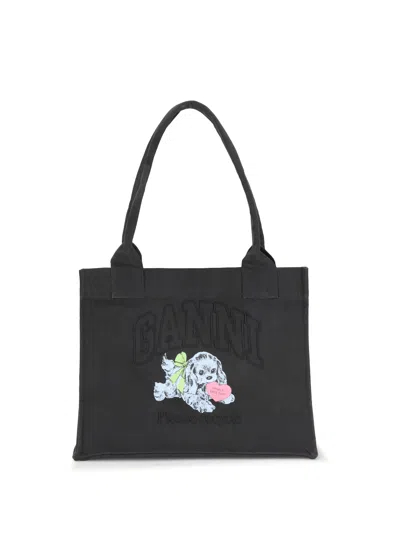 Ganni Black Large Black Shopper With Double Handles And Front Decoration In Cotton Woman In Black