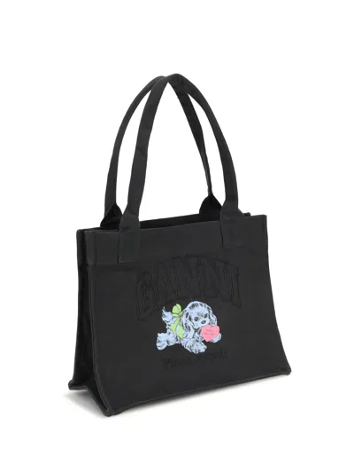 Ganni Black Large Black Shopper With Double Handles And Front Decoration In Cotton Woman In Black