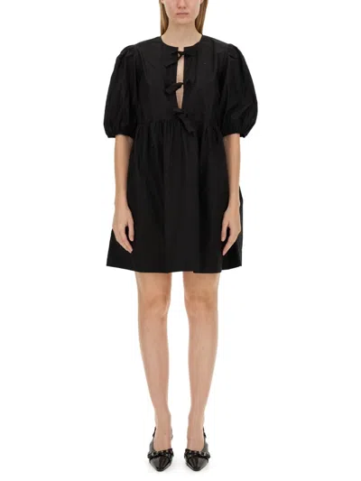 Ganni Cotton Poplin Tie String Mini Dress In Black
