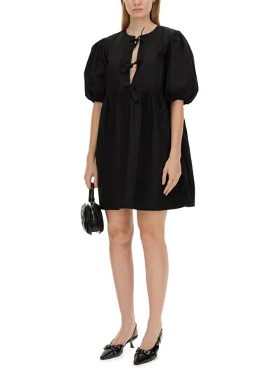 Ganni Cotton Poplin Tie String Mini Dress In Black