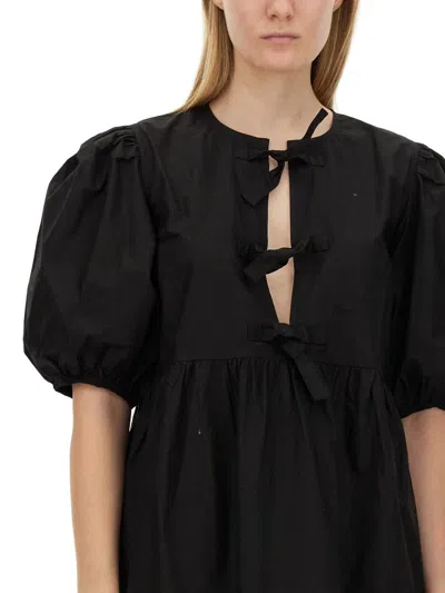 Ganni Cotton Poplin Tie String Mini Dress In Black