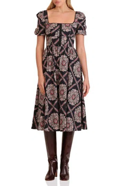 Avec Les Filles Botanical Print Corset Bodice Stretch Cotton Midi Dress In Multi