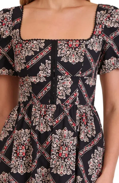 Avec Les Filles Botanical Print Corset Bodice Stretch Cotton Midi Dress In Multi