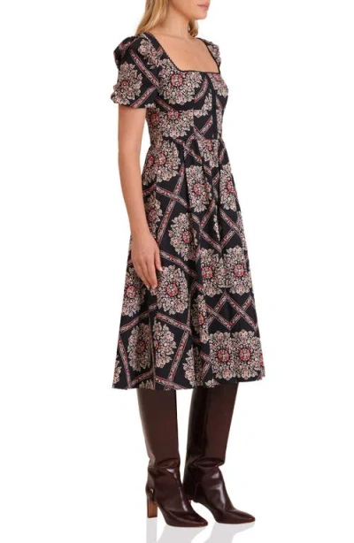 Avec Les Filles Botanical Print Corset Bodice Stretch Cotton Midi Dress In Multi