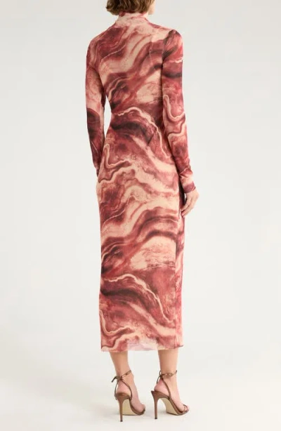 Afrm Los Angeles Marni Turtleneck Long Sleeve Mesh Dress In Brown