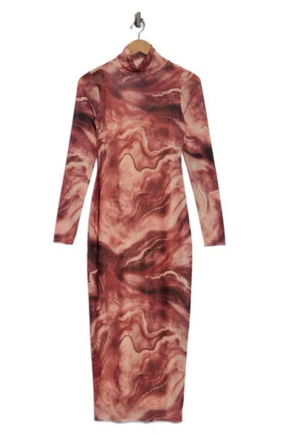 Afrm Los Angeles Marni Turtleneck Long Sleeve Mesh Dress In Brown