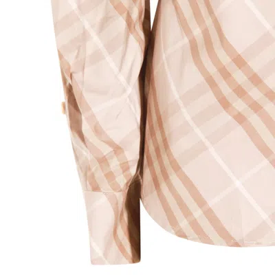 Burberry Women Beige Shirt With Pointed Collar And All-over Check Motif In Cotton Woman In Pink