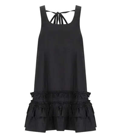 Ganni Ruffle Sleeveless Square Neck Mini Dress In Black