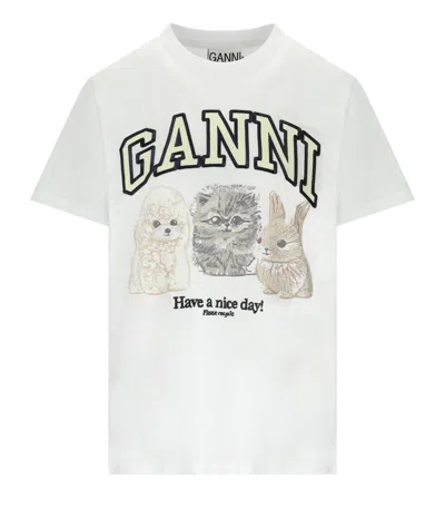 Ganni Animals White T-shirt In White