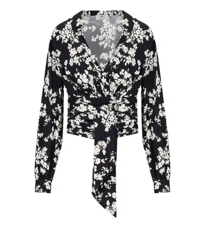 Elisabetta Franchi Georgette Blouse With Floral Pattern And Waist Sash In Black