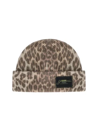 Ganni Womens Leopard Graphic Print Wool Blend Beanie In Brown