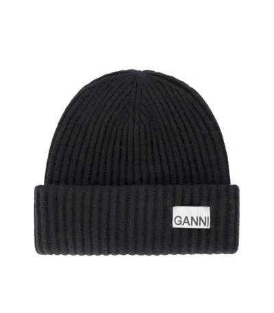 Ganni Womens Black Logo-patch Wool-blend Beanie Hat