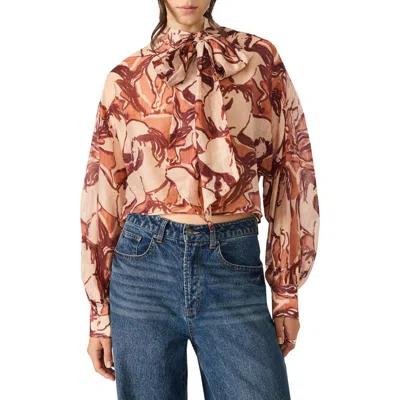 Steve Madden Sutton Equestrian Print Tie Neck Top In Multi