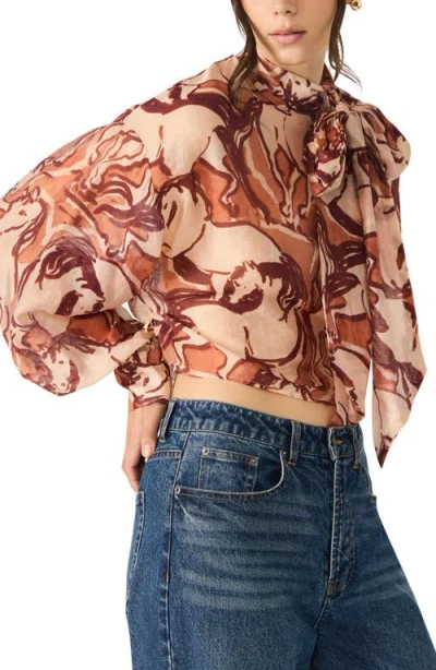 Steve Madden Sutton Equestrian Print Tie Neck Top In Multi