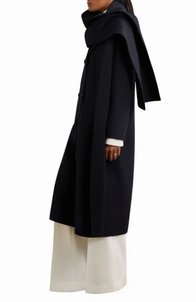 Reiss Indira Double Breasted Wool Blend Coat With Scarf In Black