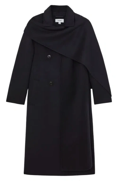 Reiss Indira Double Breasted Wool Blend Coat With Scarf In Black