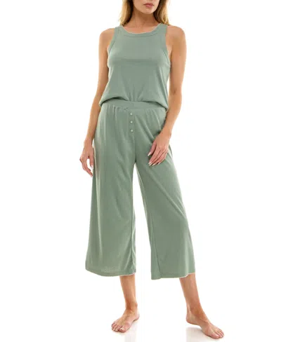 Roudelain Women's 2-piece Contrast Binding Sleeveless T-shirt And Pajama Set In Green