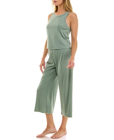 Roudelain Women's 2-piece Contrast Binding Sleeveless T-shirt And Pajama Set In Green
