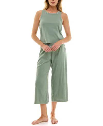 Roudelain Women's 2-piece Contrast Binding Sleeveless T-shirt And Pajama Set In Green