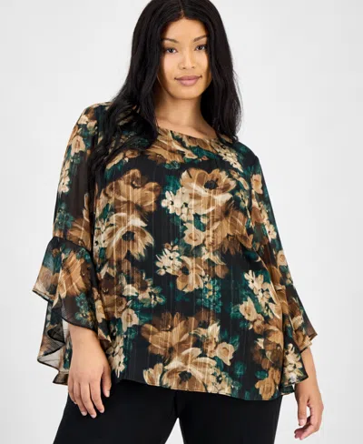 Kasper Plus Size Printed Ruffle-sleeve Blouse In Multi
