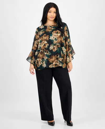 Kasper Plus Size Printed Ruffle-sleeve Blouse In Multi