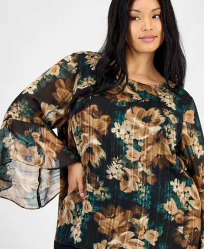 Kasper Plus Size Printed Ruffle-sleeve Blouse In Multi