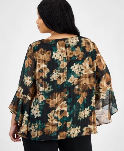 Kasper Plus Size Printed Ruffle-sleeve Blouse In Multi
