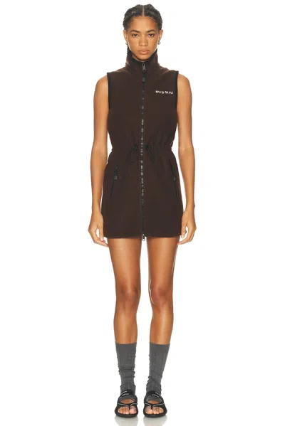 Miu Miu Mini Dress With Drawstring Waist And High Collar In Brown