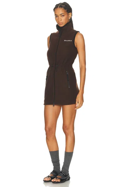 Miu Miu Mini Dress With Drawstring Waist And High Collar In Brown