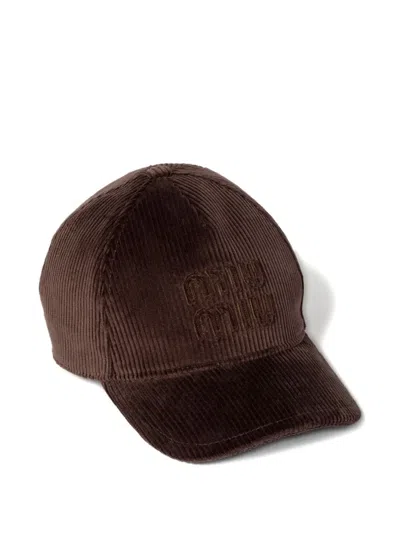 Miu Miu Logo-patch Corduroy Baseball Cap In Brown