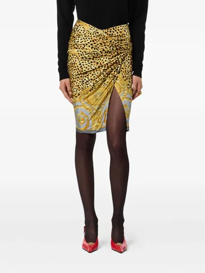 Versace Skirt Cheetah Foulard On Responsible Heavy Viscose Liquid Jersey In Yellow