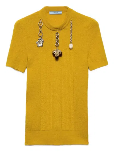 Prada Short Sleeve Wool Sweater With Charms In Yellow