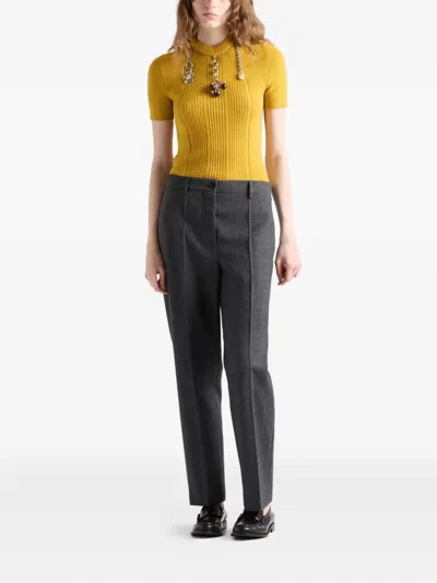 Prada Short Sleeve Wool Sweater With Charms In Yellow