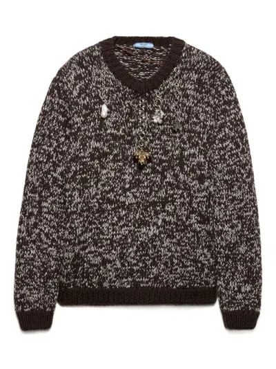 Prada Melange Wool Crewneck Sweater With Pendants In Brown