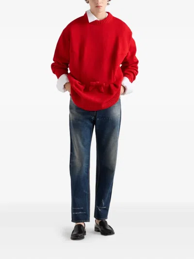 Prada Oversized Knit Sweater With Bow And Pleats In Red