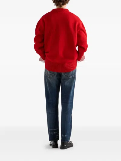 Prada Oversized Knit Sweater With Bow And Pleats In Red