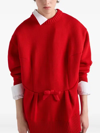 Prada Oversized Knit Sweater With Bow And Pleats In Red