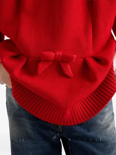 Prada Oversized Knit Sweater With Bow And Pleats In Red