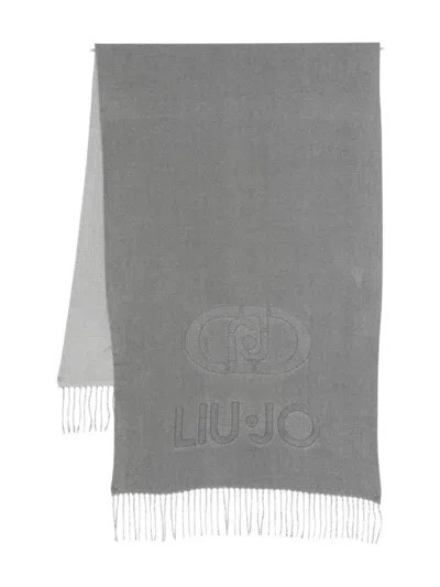 Liu •jo Logo-embroidered Fringe Scarf In Gray