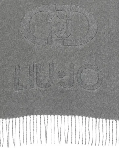 Liu •jo Logo-embroidered Fringe Scarf In Gray