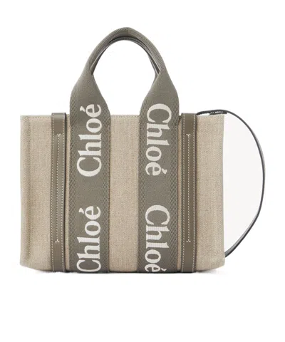 Chloé Small Woody Tote Bag In Linen In Brown