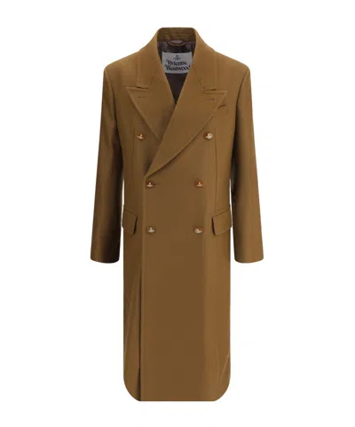 Vivienne Westwood Long Coat With Flap Pockets And Back Vent In Brown