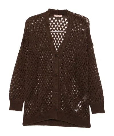 Twinset Open-knit Brown Mohair And Wool Blend Cardigan In Brown
