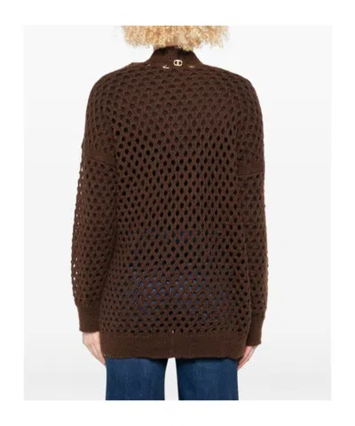 Twinset Open-knit Brown Mohair And Wool Blend Cardigan In Brown