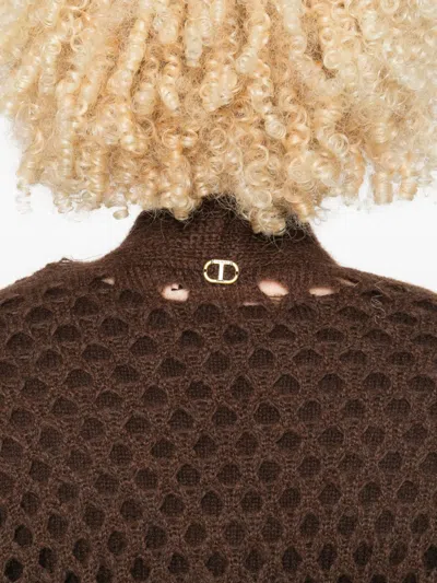 Twinset Open-knit Brown Mohair And Wool Blend Cardigan In Brown