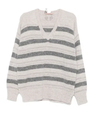 Twinset Horizontal Striped Knit Sweater With V-neckline In Multi