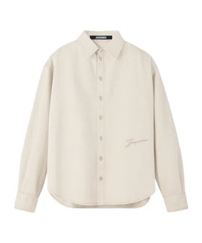 Jacquemus Simon Denim Long Sleeve Embroidered Shirt In White