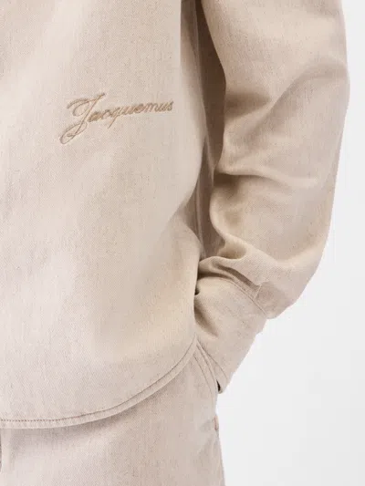 Jacquemus Simon Denim Long Sleeve Embroidered Shirt In White
