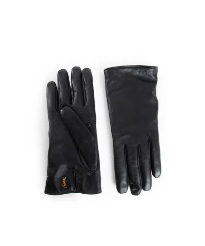 Saint Laurent Logo-plaque Leather Gloves In Black
